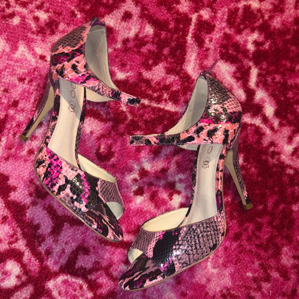 aldo pink peep toe snake leather heels